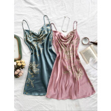 (Multicolor4, M) Women's Satin Floral Print Cami Nightdress Pyjama Set, Draped Spaghetti Strap Sleeveless Nightgown, Elegant Aesthetic