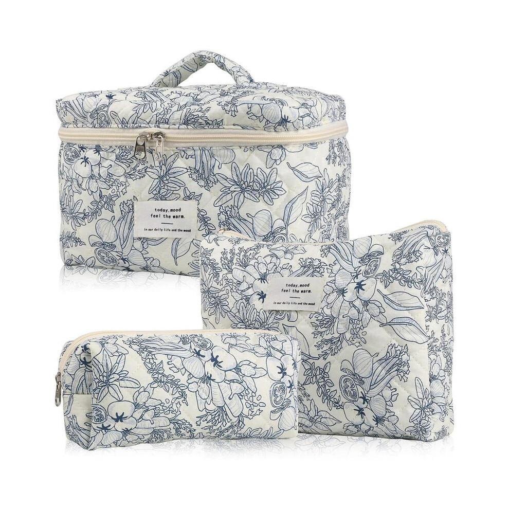 (dark blue, 3 Counts/set) Floral Pattern Quilted Makeup Bag Set, 3 Counts Travel Cosmetic Bags, Portable Zipper Makeup Organizer Pouches, for