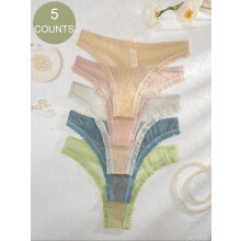 (Multicolor4, S) Women's 5pcs Bow Front Frill Trim Sheer Thong, Soft Comfy Breathable Pastel Panty for Daily Wear, Pastel Ladies