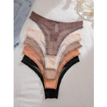 (Multicolor, S) Women's 5pcs Bow Front Frill Trim Sheer Thong, Soft Comfy Breathable Pastel Panty for Daily Wear, Pastel Ladies