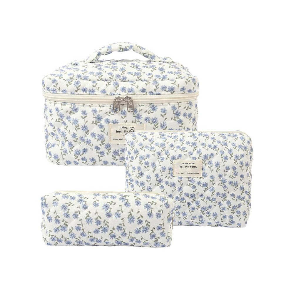 (Blue, 3 Counts/set) Floral Pattern Quilted Makeup Bag Set, 3 Counts Travel Cosmetic Bags, Portable Zipper Makeup Organizer Pouches, for