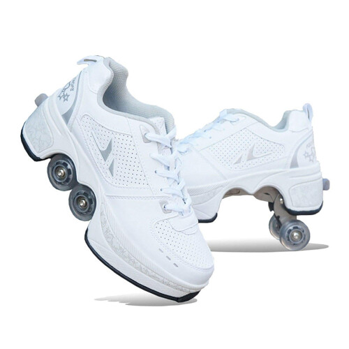 InlineSkate, 2in1 multipurpose shoes, Adjustable Quad Roller Skate Boots White42