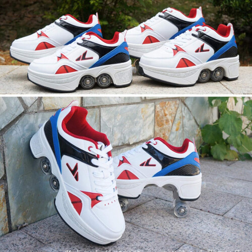 InlineSkate, 2in1 multipurpose shoes, Adjustable Quad Roller Skate Boots White42 2