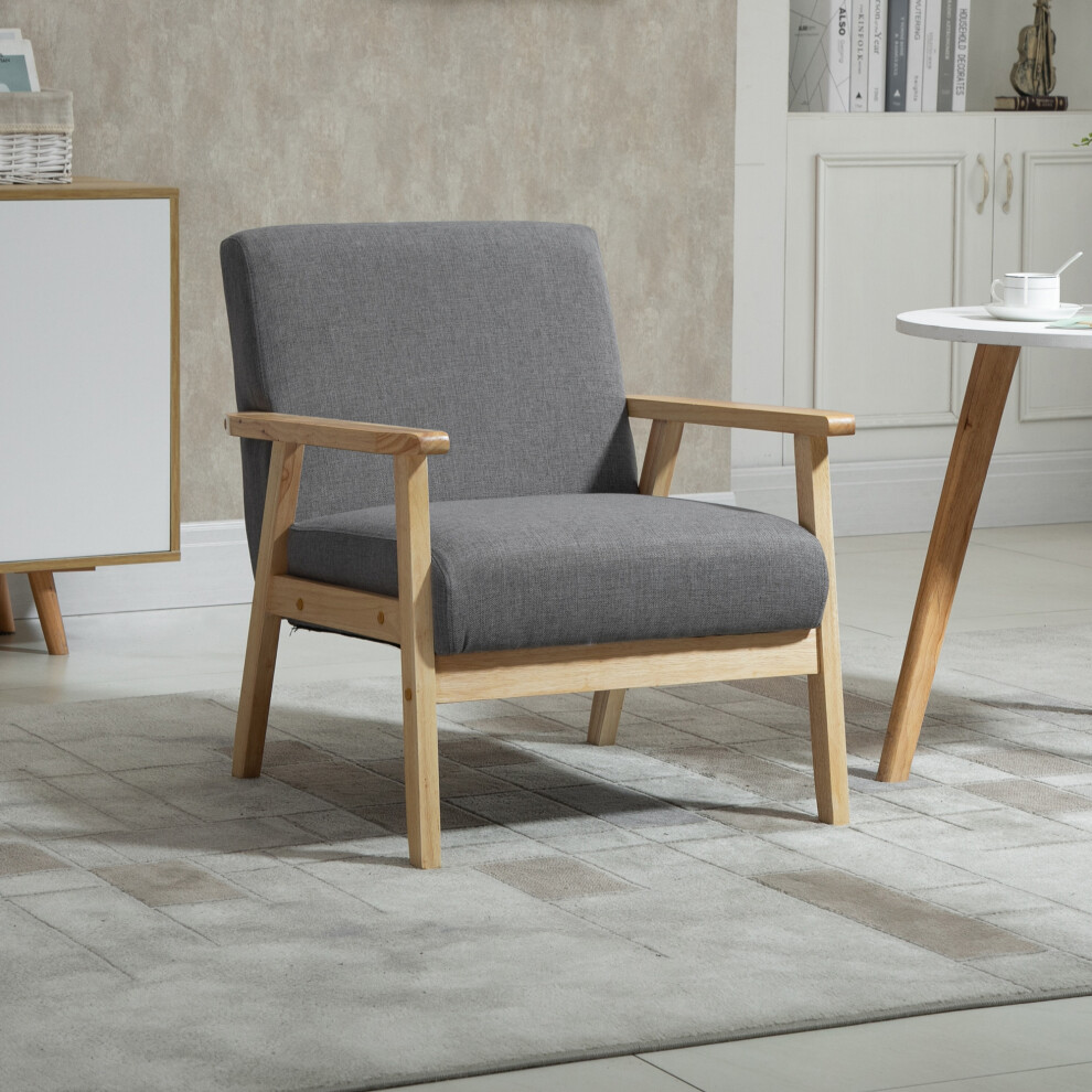 Homcom Unisex Grey Accent Chair With Wood Frame Wide Seat Linen Armchair In - Image 4