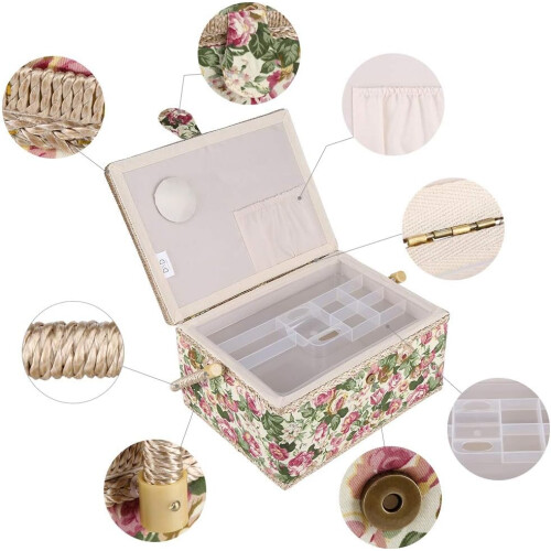 Sewing Basket, Fabric Storage Box with Floral Pattern, Organiser with Handle 2