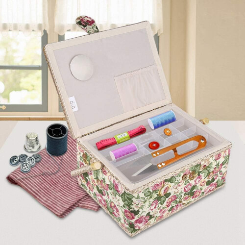 Sewing Basket, Fabric Storage Box with Floral Pattern, Organiser with Handle 1
