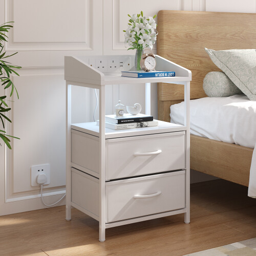 Living And Home Nightstand Bedside Table with Charging Station and LED Lights, White
