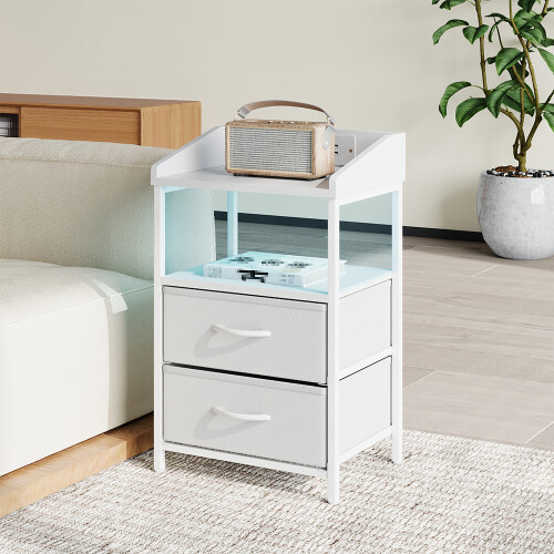 Living And Home Nightstand Bedside Table with Charging Station and LED Lights, White 1