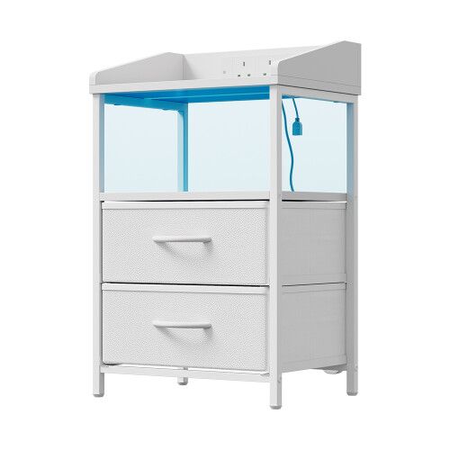 Living And Home Nightstand Bedside Table with Charging Station and LED Lights, White 2