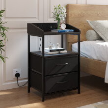 Nightstand Bedside Table with Charging Station and LED Lights, Black