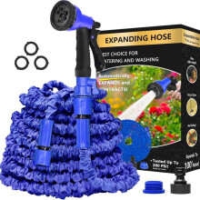 (50ft garden hose 1) 100FT Expandable Garden HosePipe, Flexible Garden Hose with 3 Layer Latex cores,8 Function Spray Hose Nozzle, 3/4"