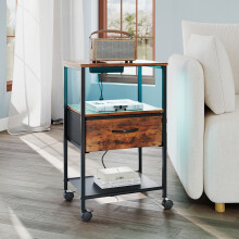 Nightstand Bedside Table with Charging Station and LED Lights