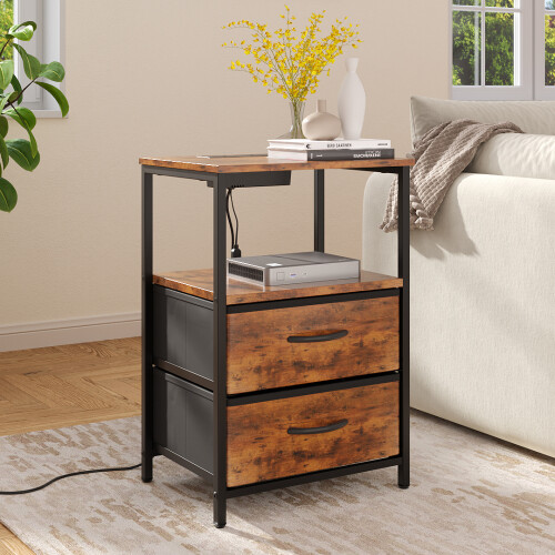 Living And Home Nightstand Bedside Table with Charging Station and LED Lights