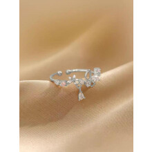 (Silver, one-size) Elegant Rhinestone Inlaid Butterfly Design Cuff Ring As Valentine's Gift, Fashion All-match Accessories for Women &