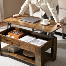 (Rustic Brown, 120x60 cm) Yaheetech Lift Top Coffee Table with Hidden Compartment, Lifting Table with Storage Shelf for Living Room, Center
