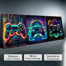 (12X16inch(Framed)-H, Multicolor) Game Console Neon Pattern Canvas Painting with Frame, 3 Counts/set Creative Wall Art Poster, Wall Art Decor for Home