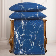 (Marble Blue, DOUBLE) Luxury 4PCS Complete Printed Bedding Set, 1x Duvet Cover 1x Matching Deep Fitted Sheet and 2x Pillowcase Reversible