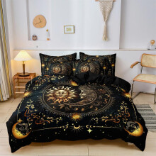(sun & moon, EU Double) Sun & Moon Pattern Duvet Cover Set, 3 Counts/set Including 1 Duvet Cover & 2 Pillowcases without Filler, Soft