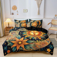 (Type 3, EU Single) Sun & Moon Pattern Duvet Cover Set, 3 Counts/set Including 1 Duvet Cover & 2 Pillowcases without Filler, Soft