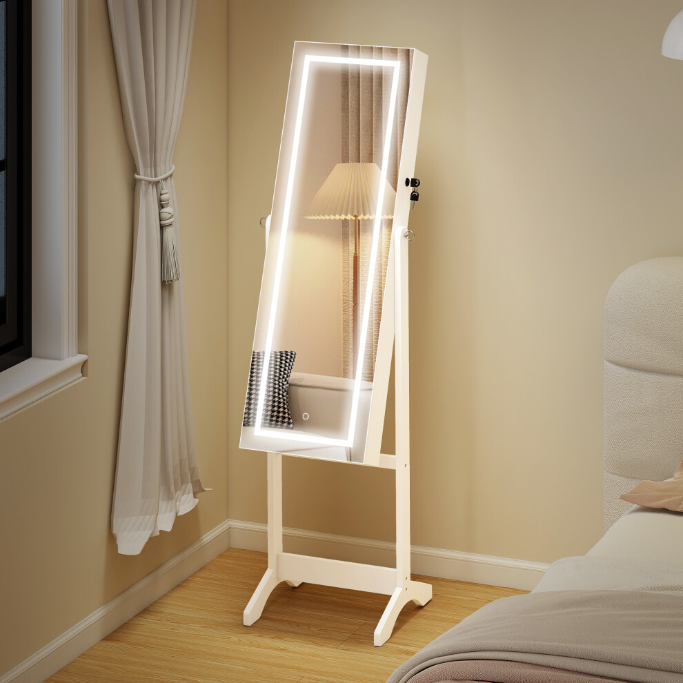 Homcom Mirrored Jewellery Cabinet W/ Led Light Lockable Jewellery Armoire White