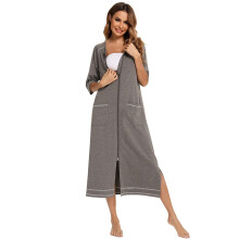 Women's Zip Up Robe with 3/4 Sleeves and Pockets Soft Long Nightgown for Maternity Nursing Loungewear