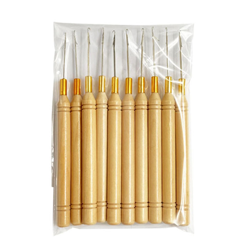 10pcs Hair Extension Tool Beading Tool Metal Hair Pulling Needle Loop Needle Hair Extension Tool Cylinder with Wooden Handle
