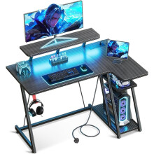 ODK Gaming Desk with LED Lights & Power Outlets, 100CM Computer Desk with Monitor Stand, Corner Desk with Hook & Storage, L Shaped