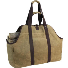Waxed Canvas Log Carry Bag with Handles and Shoulder Strap, Log Carrier Bag for Fireplaces and Log Burners, Khaki