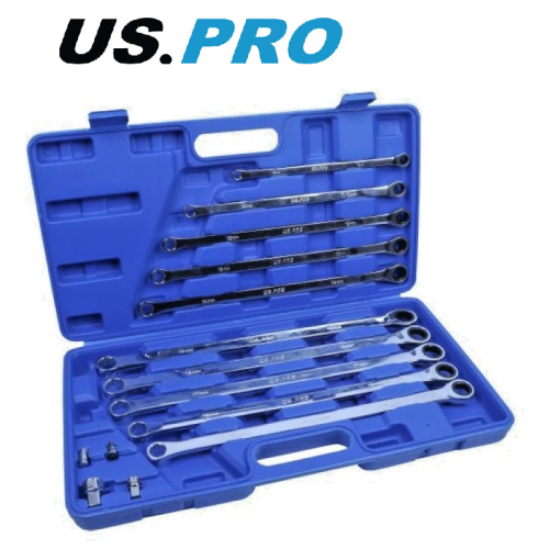 US PRO 10pc Extra Long Double Ring Single Gear Ratchet Spanner Set