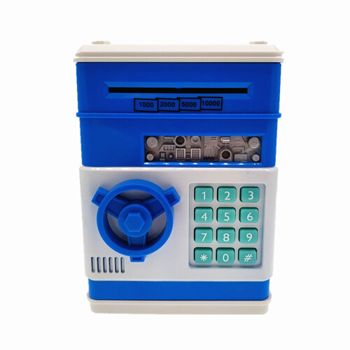 Cofrinho eletrônico com senha, função de alimentação automática e aviso de voz, grande capacidade para guardar moedas e notas.