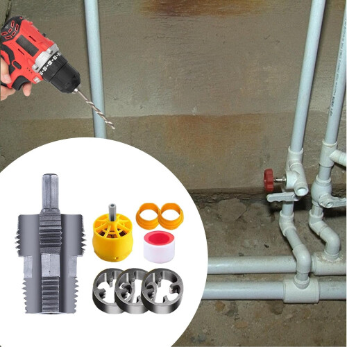 PVC Threading Tool, PVC Pipe Threading Set, Manual  Tool for Electric Drills with 3 Dies, Drill Pipe Threader, Pipe Thread Tap Set for Repairs 1