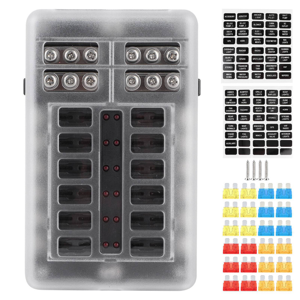 12 Circuits Blade Fuse Block Waterproof Cover Led Indicator Optimal Conductivity Negative Bus Safe Material Wide Application 4 Car Boat Marine Truck 9139052893818