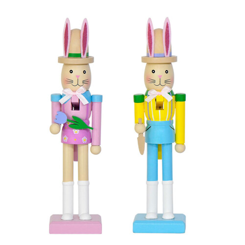 Wooden Handcrafted Easter Rabbit Nutcrackers-Yellow bodied blue 1