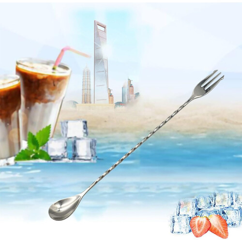Bar Spoon with Fork End Long Spiral Handle Cocktail Shaker Spoon Double Head Cocktail Mixing Stirrer Bartender Tool Ref: 5298 2