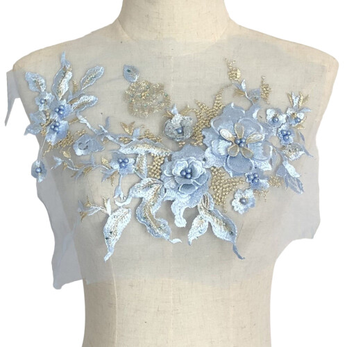 Florals Applique Patches with Sparkling Sequins for-Sky Blue