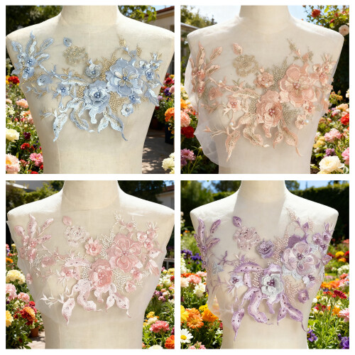 Florals Applique Patches with Sparkling Sequins for-Sky Blue 2