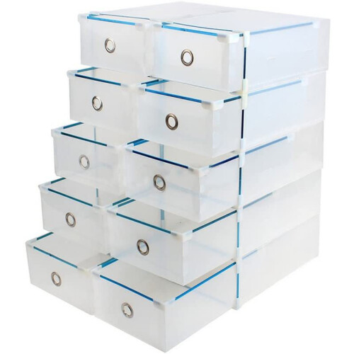 Space-Saving Collapsible Storage, Non-Toxic Polypropylene Clear Shoe Boxes, Portable, Buildable, 10 Pcs, Stackable with Drawer, Easy Assembly, See Ins 1