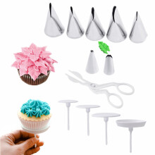 Cake Decorating Tools Set, 7 Pieces Stainless Steel Piping Tips Leaf Tulip Rose 4 Cake Flower Nails and 1 Flower Lifter for Cake Fondant Cupcake