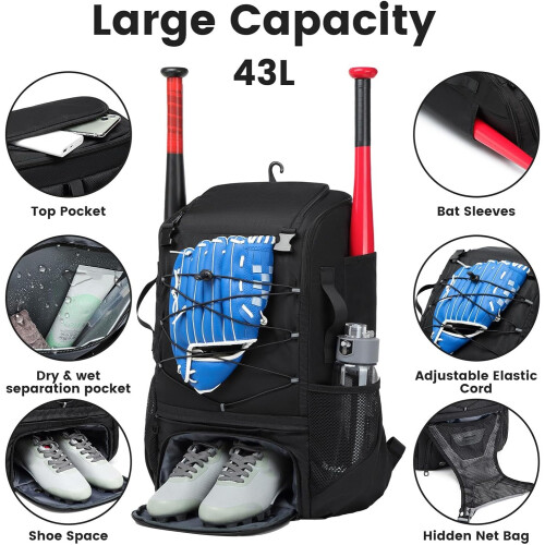Baseball Bat Bag,, Holds Bat, Helmet, Gloves, Shoe Compartment, Backpack 2