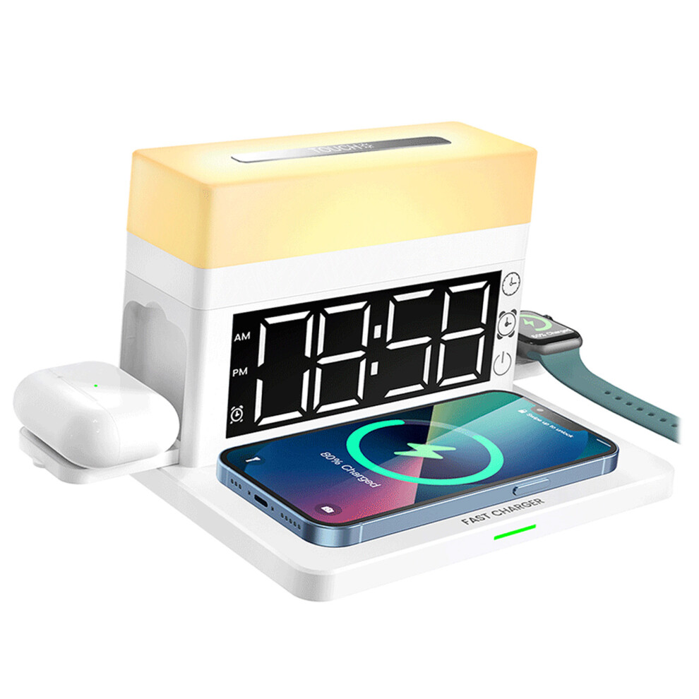 Wireless Charging Station With Alarm Clock, 6 In 1 Fast Wireless Charger Compatible With Iphone Samsung Galaxy Apple Watch Airpods, Adjustable Brightn 9486358069332