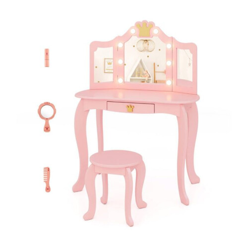 Friseuse für Kinder - HELLOSHOP26 - 80x40x106 cm - Klappspiegel - Einstellbare LED-Lichter - Rosa