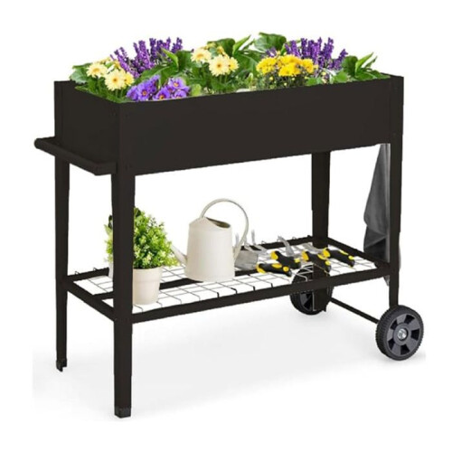 Jardinera elevada - HELLOSHOP26 - 95 x 40 x 80 cm - Metal resistente - Con ruedas y ganchos