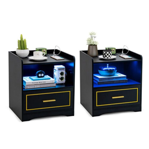 Mesas de cabeceira - HELLOSHOP26 - Pacote de 2 - Iluminação LED - 3 cores - USB e tomada tipo C
