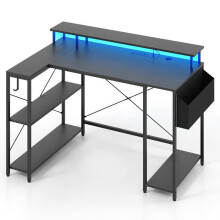 Hoekbureau - HELLOSHOP26 - 120x80x87 cm - Regelbare LED-verlichting - Ingebouwde stopcontacten - Zwart