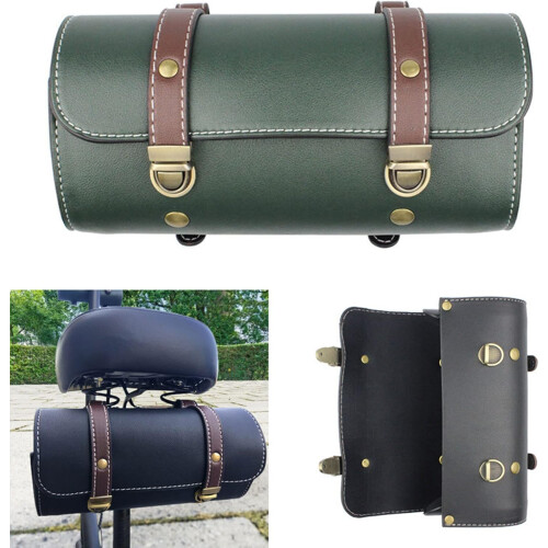 Tool Bag  Leather Bicycle Fork Saddle Bags Side Bag Roll Handlebar Tail Rack Storage Tool Bag With Strap Green 2