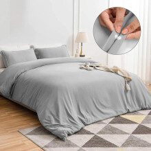 (Silver, Double (200 x 200 cm)) [BACK TO SCHOOL] Oxford Homeware 3-Piece Solid Microfiber Duvet Cover Set – Ultra-Soft, Hypoallergenic Bedding with