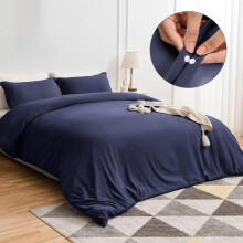 (Navy, Super King (260 x 220cm)) [BACK TO SCHOOL] Oxford Homeware 3-Piece Solid Microfiber Duvet Cover Set – Ultra-Soft, Hypoallergenic Bedding with
