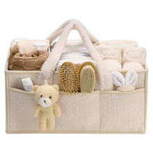 Baby Diaper Caddy Organizer – Portable with Compartments, Handles, Teddy Bear, White