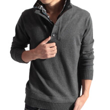 Men's V Neck Pullover with Shirt Collar 2 in 1 Fine Knit Basic Winter Jumper Thin Knitwear Knitted Jumper Henley Collar Pullover with Buttons M Gy1