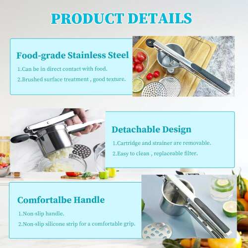 Potato Press Stainless Steel with 3 Interchangeable Press Tabs 1